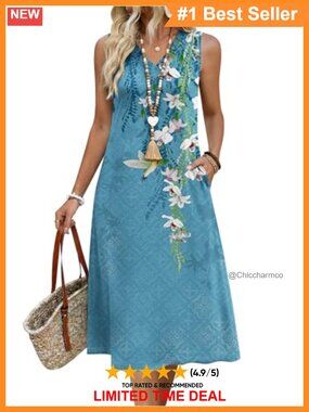 Zeagoo Summer Sleeveless V Neck Midi Beach Dress with Pockets